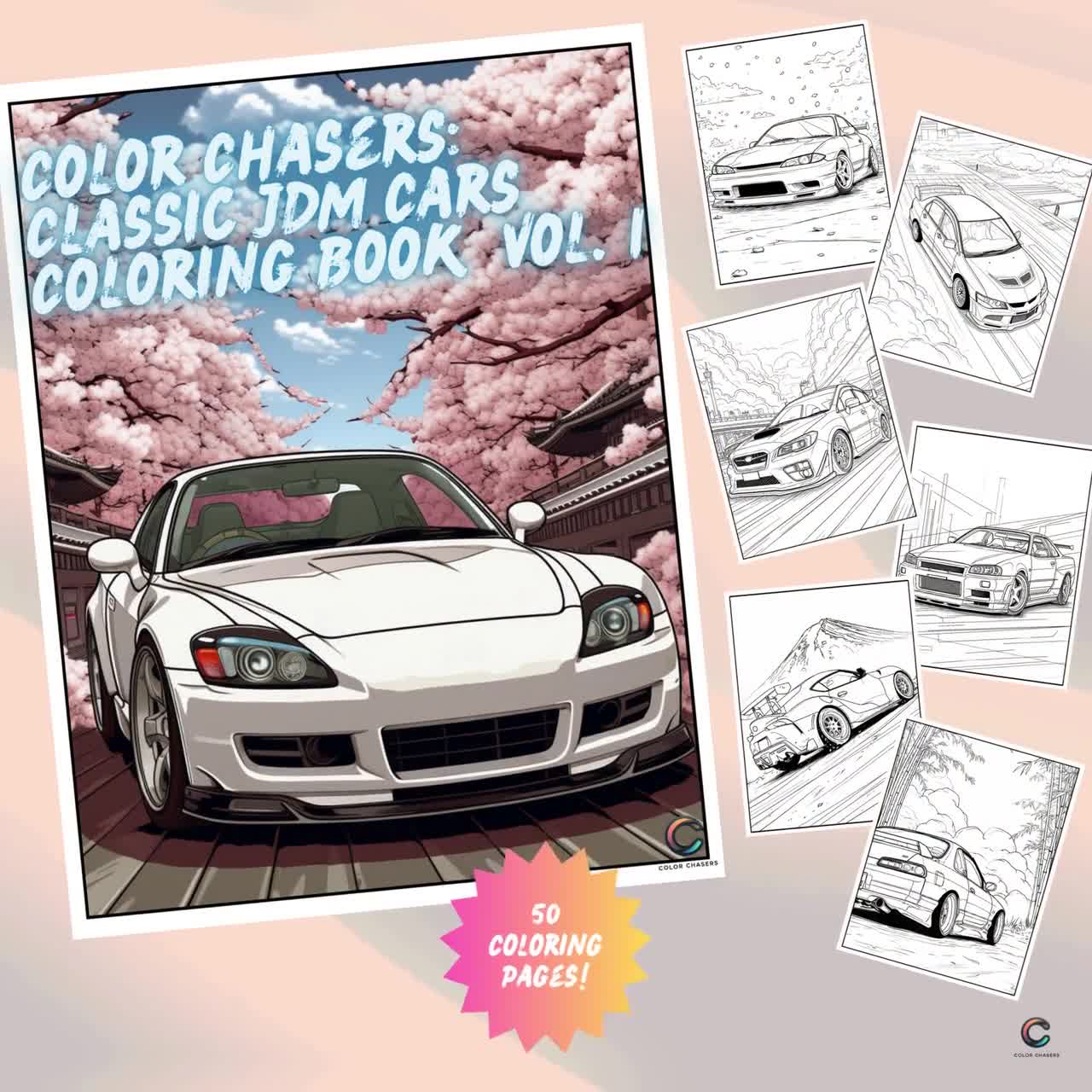 クラシック JDM カーぬりえブック Vol. 1 | 全年齢向けの 50 枚の日本