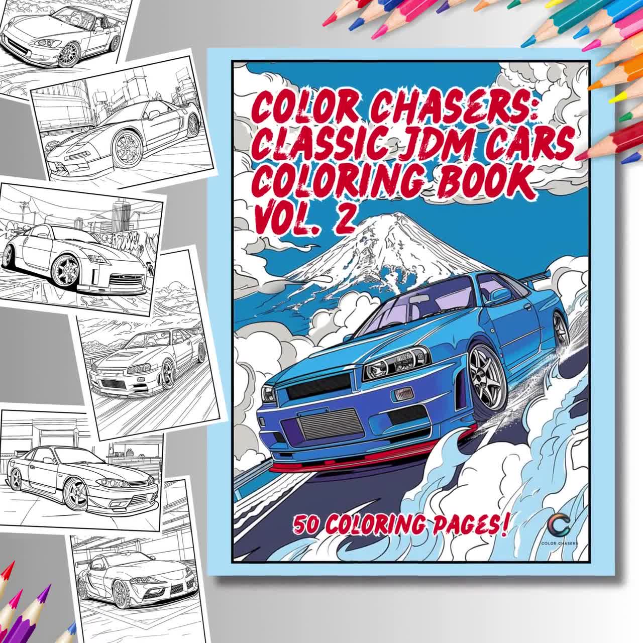 クラシック JDM カーぬりえブック Vol. 2 | 全年齢向けの 50 枚の日本