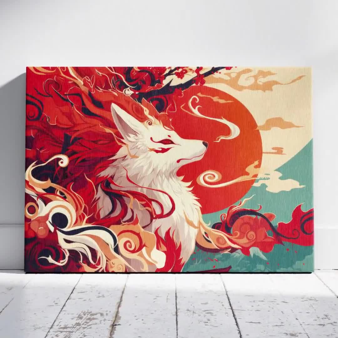 Nine Tailed Fox Canvas Art, Landscape Gallery Wrap, Japanese