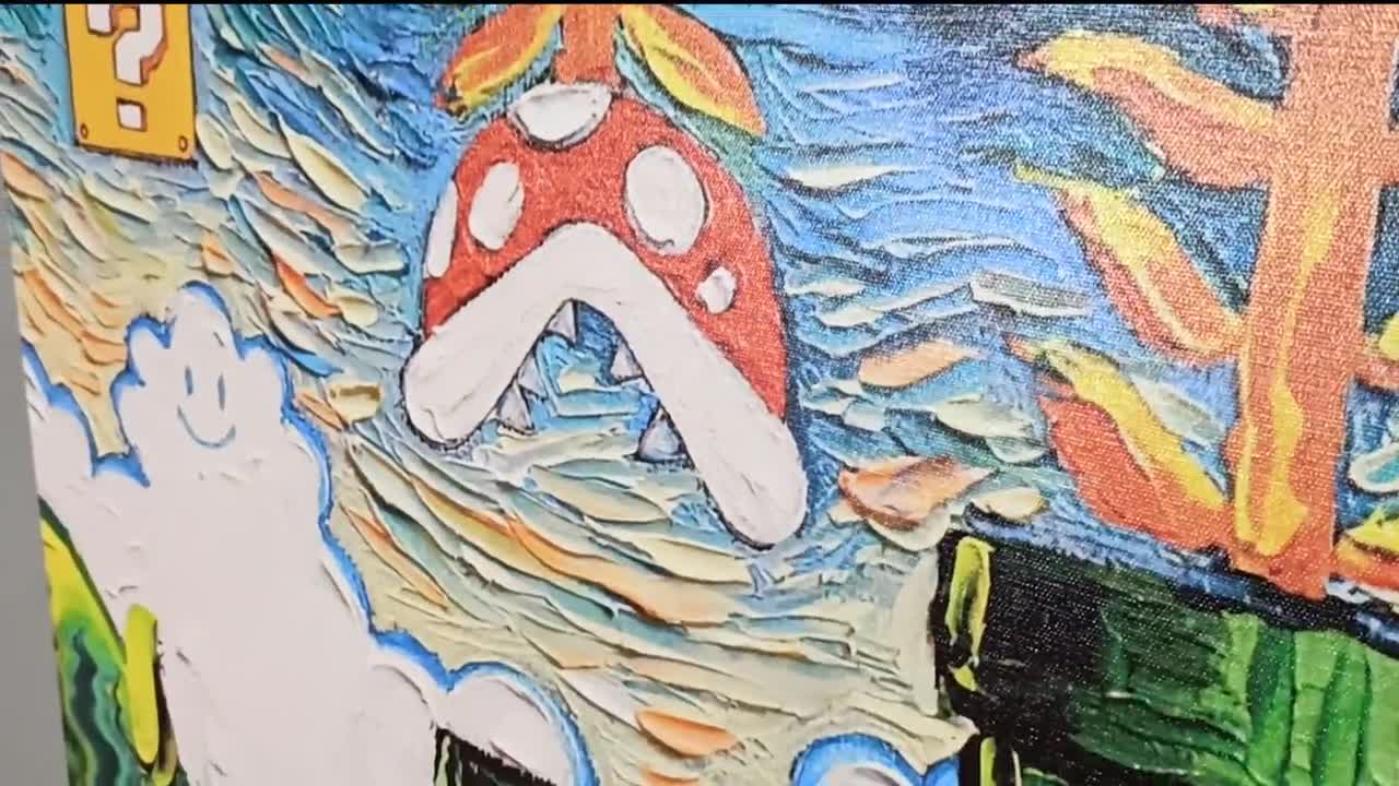 ゴッホ風マリオの絵画、モダンな壁アート、ゲームルームの壁飾り