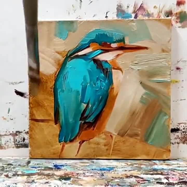 オリジナル カワセミの油絵、ターコイズブルーのアートワーク、額装