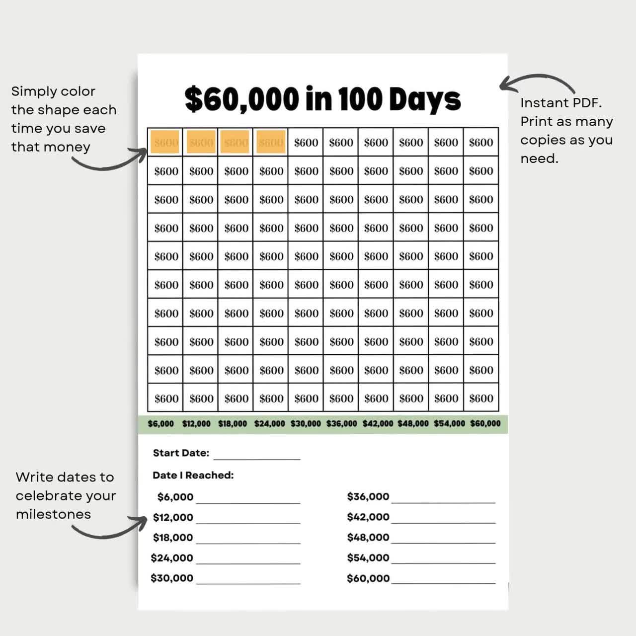 saving challenge☆大理石100day 60,000 Money Saving Challenge Printable, Save 60,000 in 100 Days