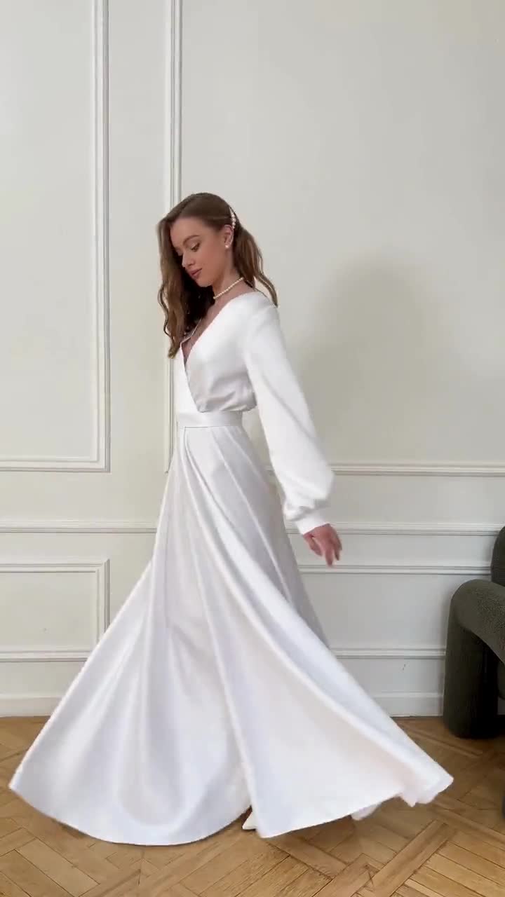 Wedding After Party Dress Long Sleeve Flowy Dress White Dress Women Bridal Satin Reception Dress For Bride Open Back Engagement Dress