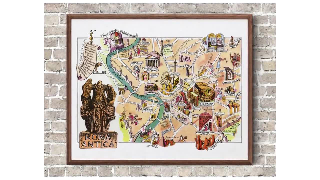 イタリアの古代ローマの楽しい地図 ヴィンテージの絵入り気まぐれな