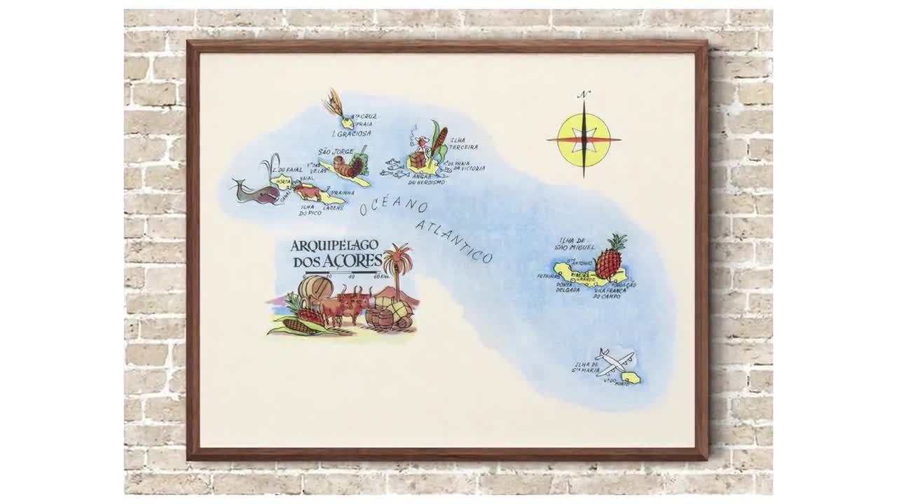 Fun Map of Azores Archipelago off of Portugal Vintage Pictorial