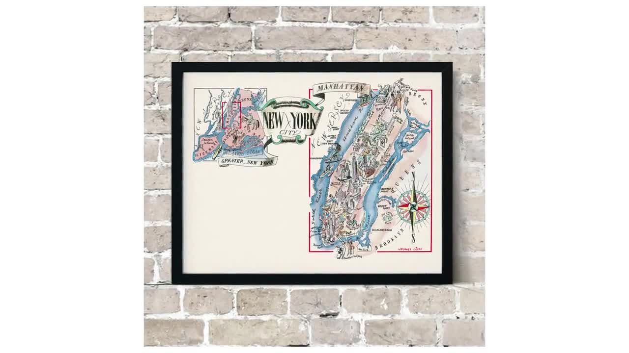 ニューヨーク市の楽しい地図 - ヴィンテージの絵画風変わりな漫画古い