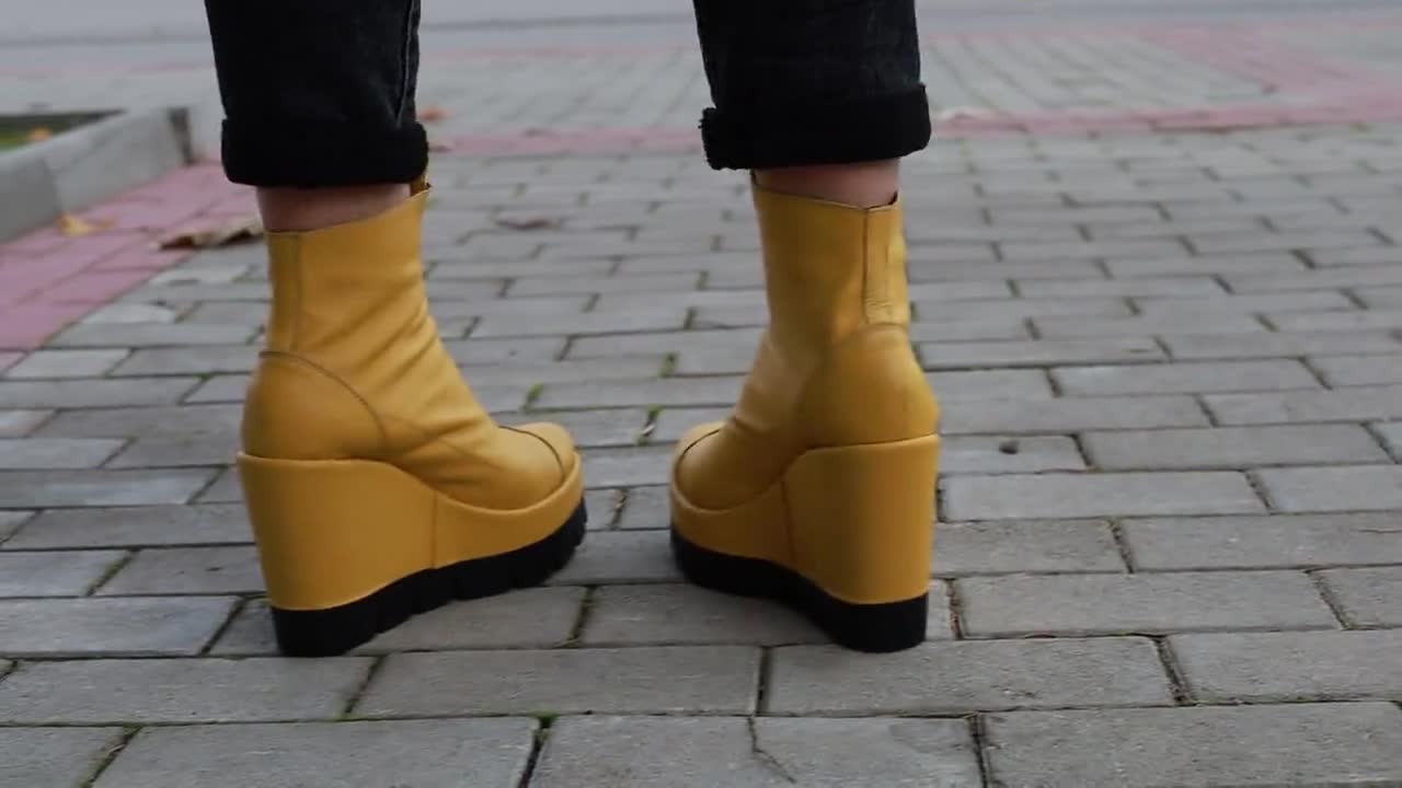 Yellow Leather Platform Ankle Boots: Women's Winter Shoes - Etsy