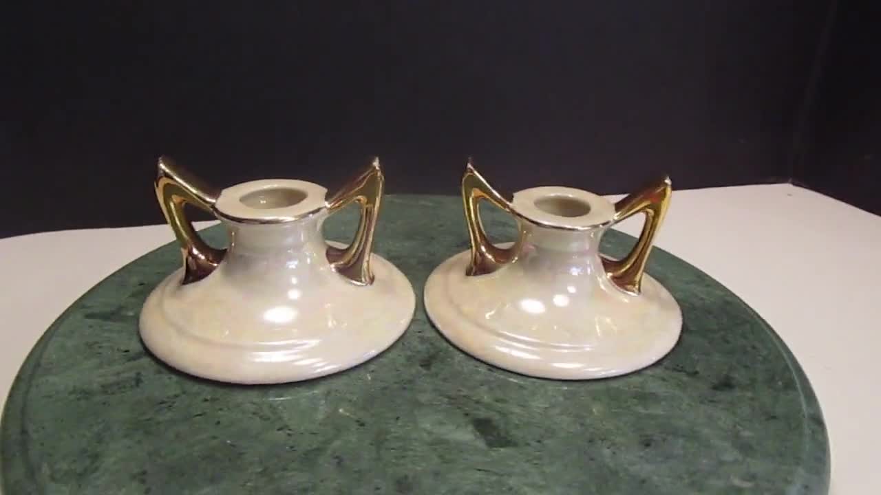 Vintage Pearl China Co. Candlestick Holders: Pearlescent 22KT Gold