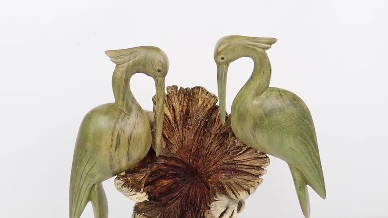 Handcrafted Wooden Heron Bird Sculpture in Natural Green Wood