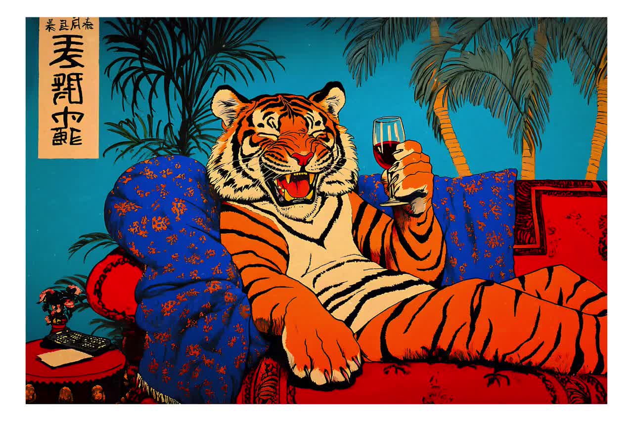 Tiger on Sofa Art Print: Quirky Retro Bar Decor (digital Download