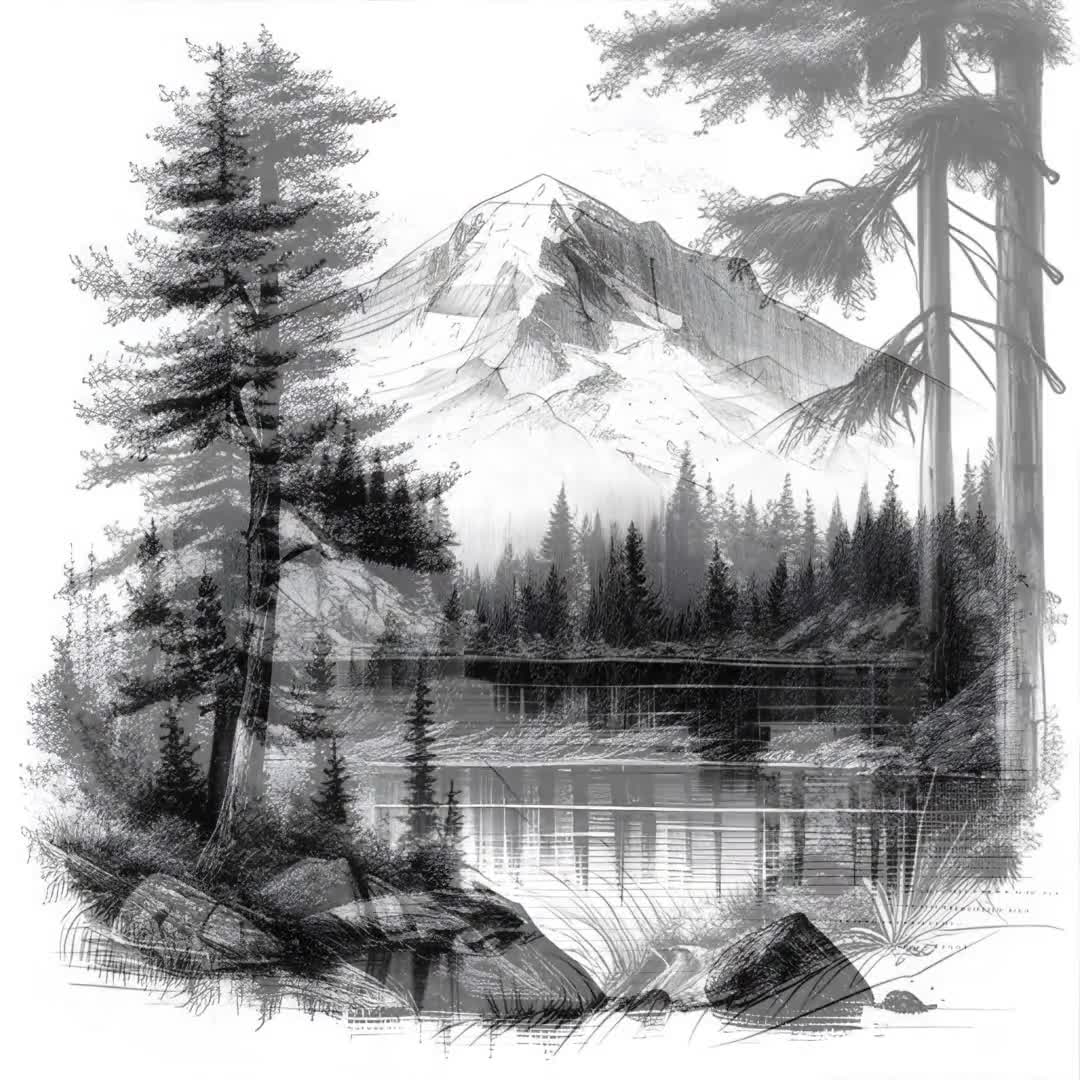 ミニマリストのスケッチされた山の風景と湖のクリップアート、山と湖の