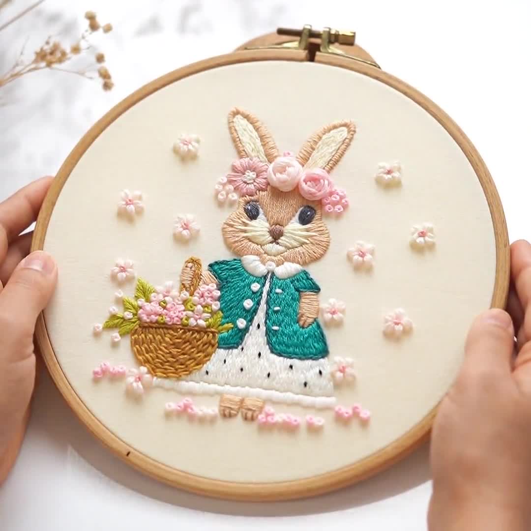 うさぎの手刺繍パターン：春の初心者向けデザイン（PDFパターン＋動画