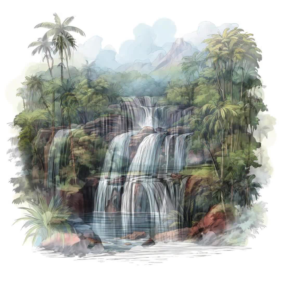 霧のかかった熱帯の滝の水彩画バンドル、熱帯の滝の印刷可能な PNG