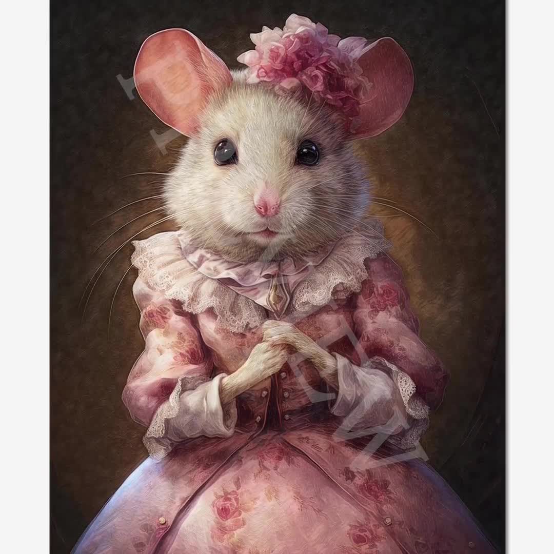Mouse Lady Wall Art Print // Vintage Painting Style Portrait of Cute Hamster in Pink in Victorian Dress