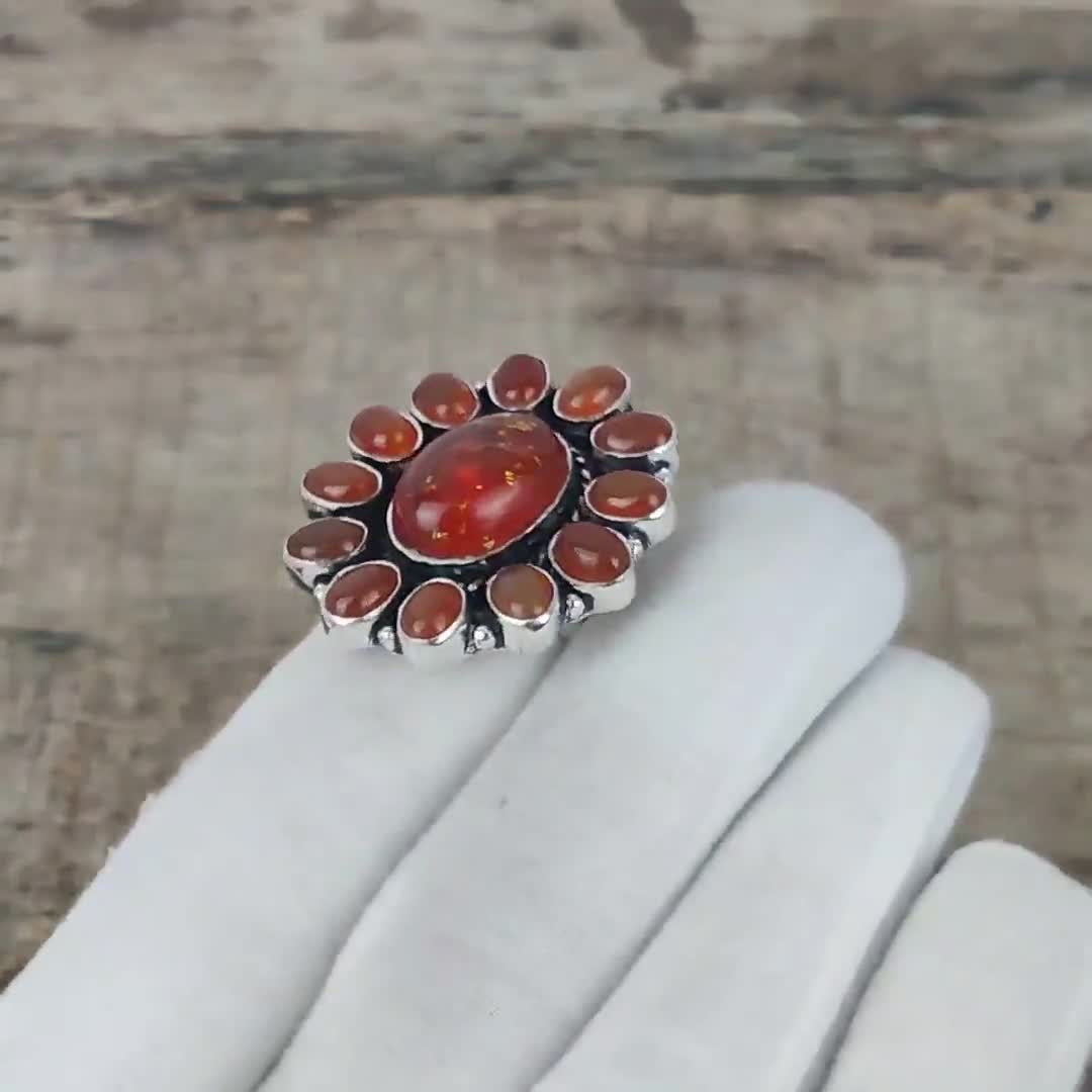 美しい琥珀とカーネリアンの宝石リング、925スターリングシルバー
