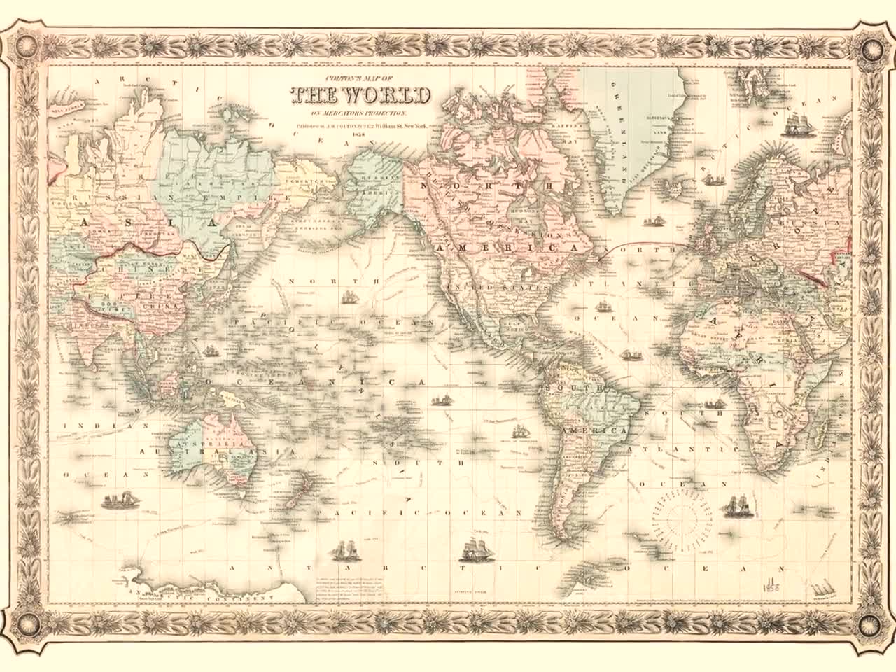 ヴィンテージ世界地図イラストプリント | アンティーク壁装飾 | 古地図