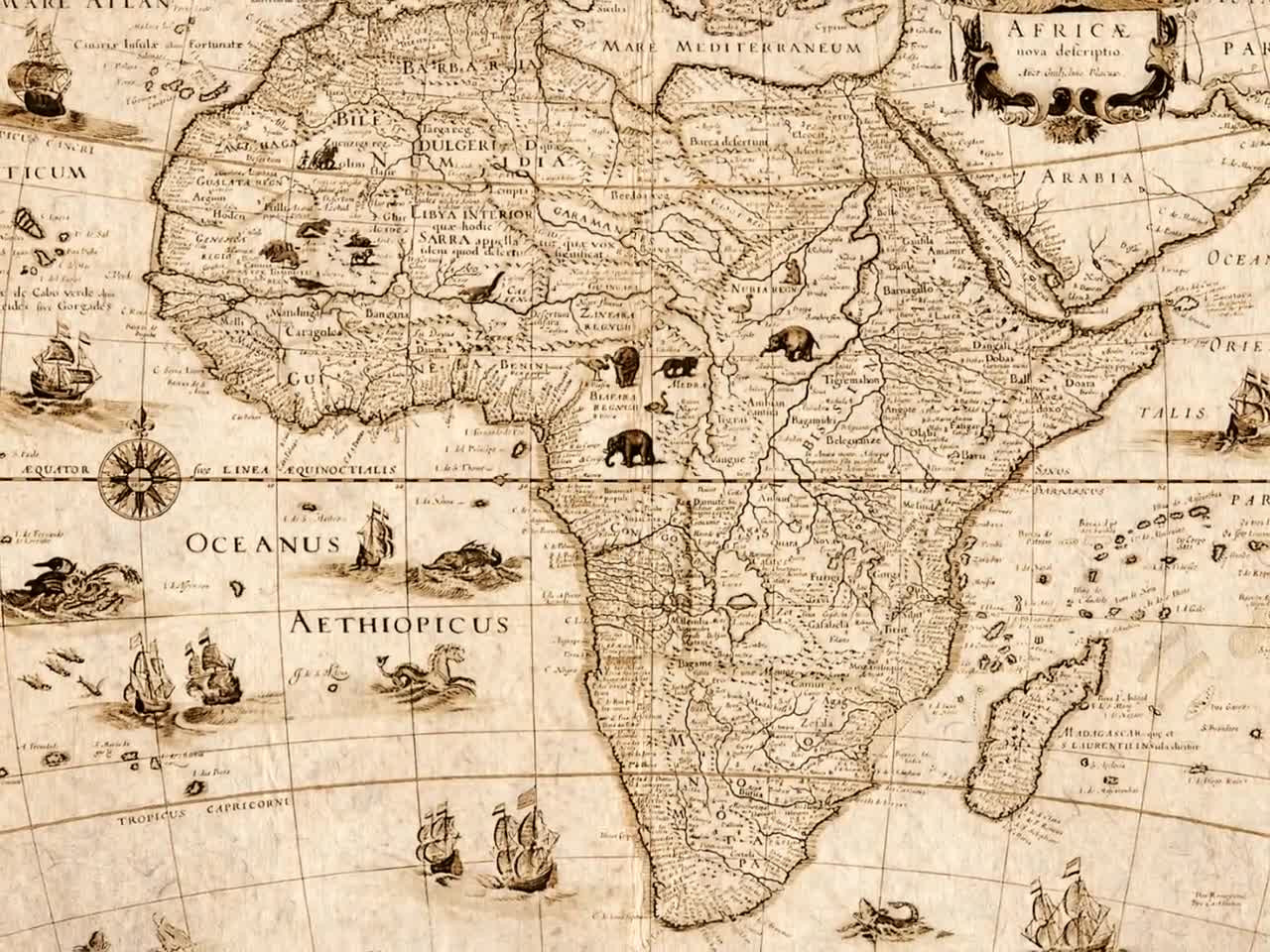 アフリカのビンテージ地図イラストプリント｜アンティーク壁飾り｜古い
