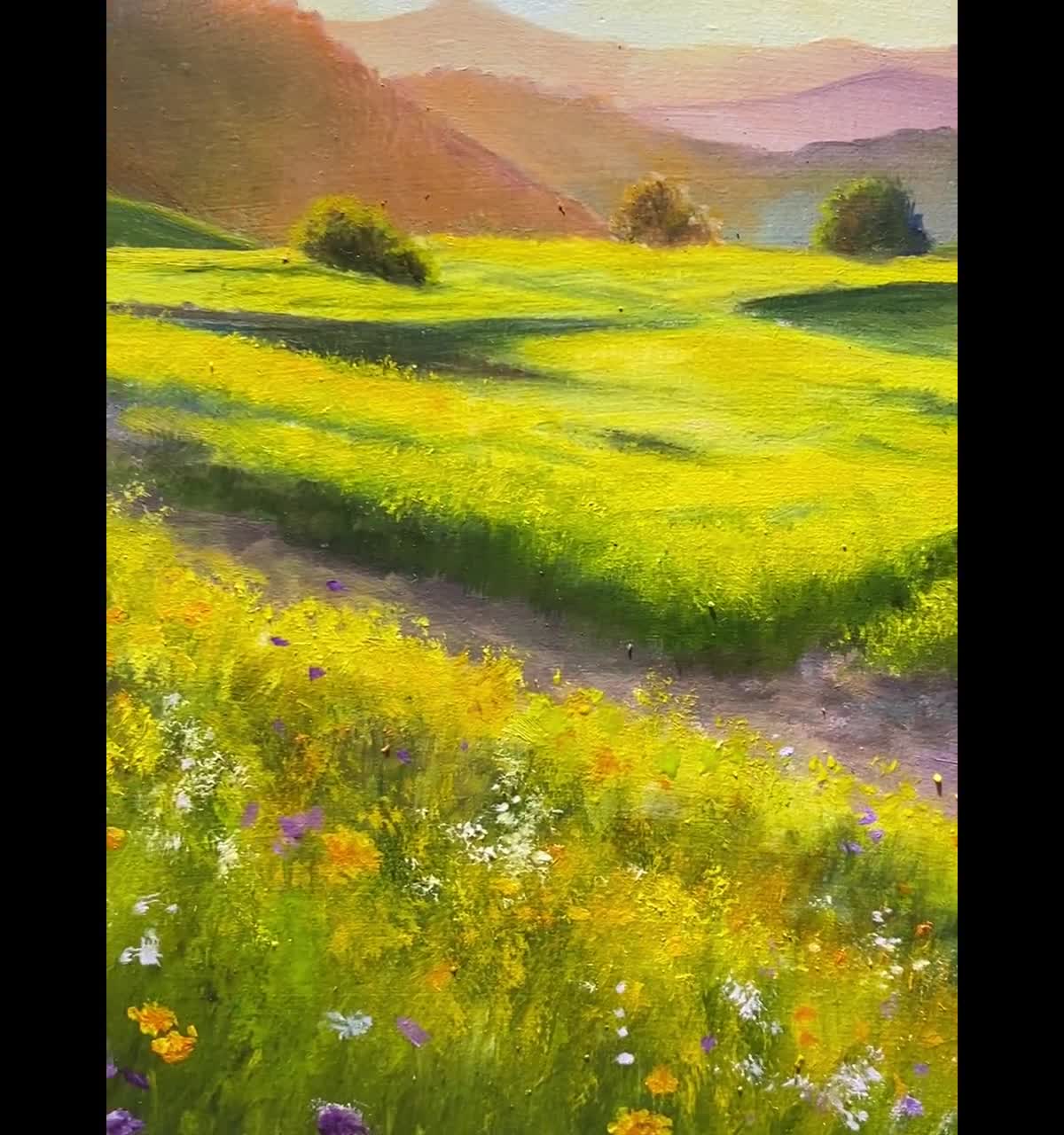 作物畑の油絵オリジナル、収穫の田園風景、青々としたオート麦、色