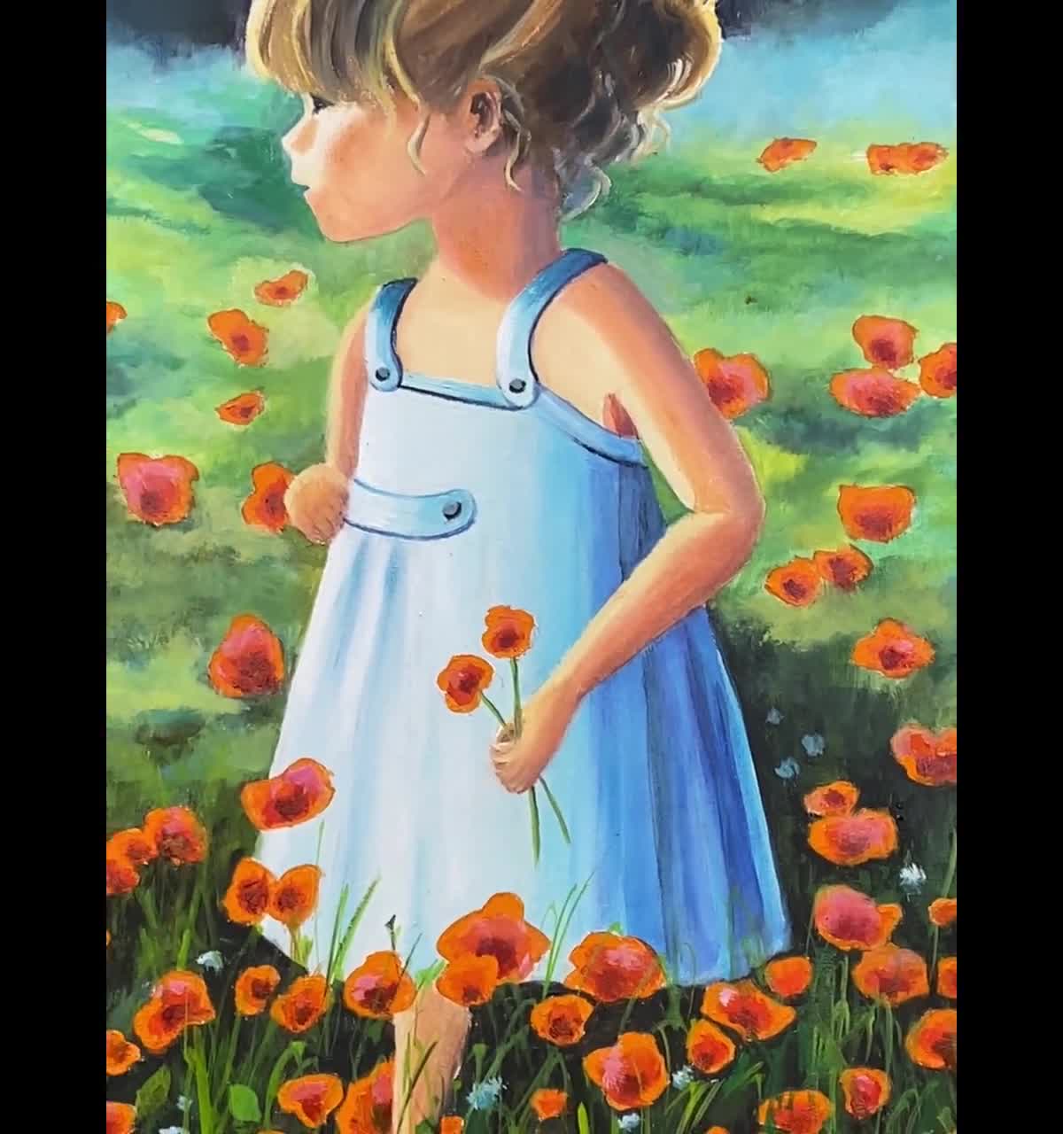 少女の絵、子供の油絵、ポピー畑の子供の絵、子供部屋の女の子のための