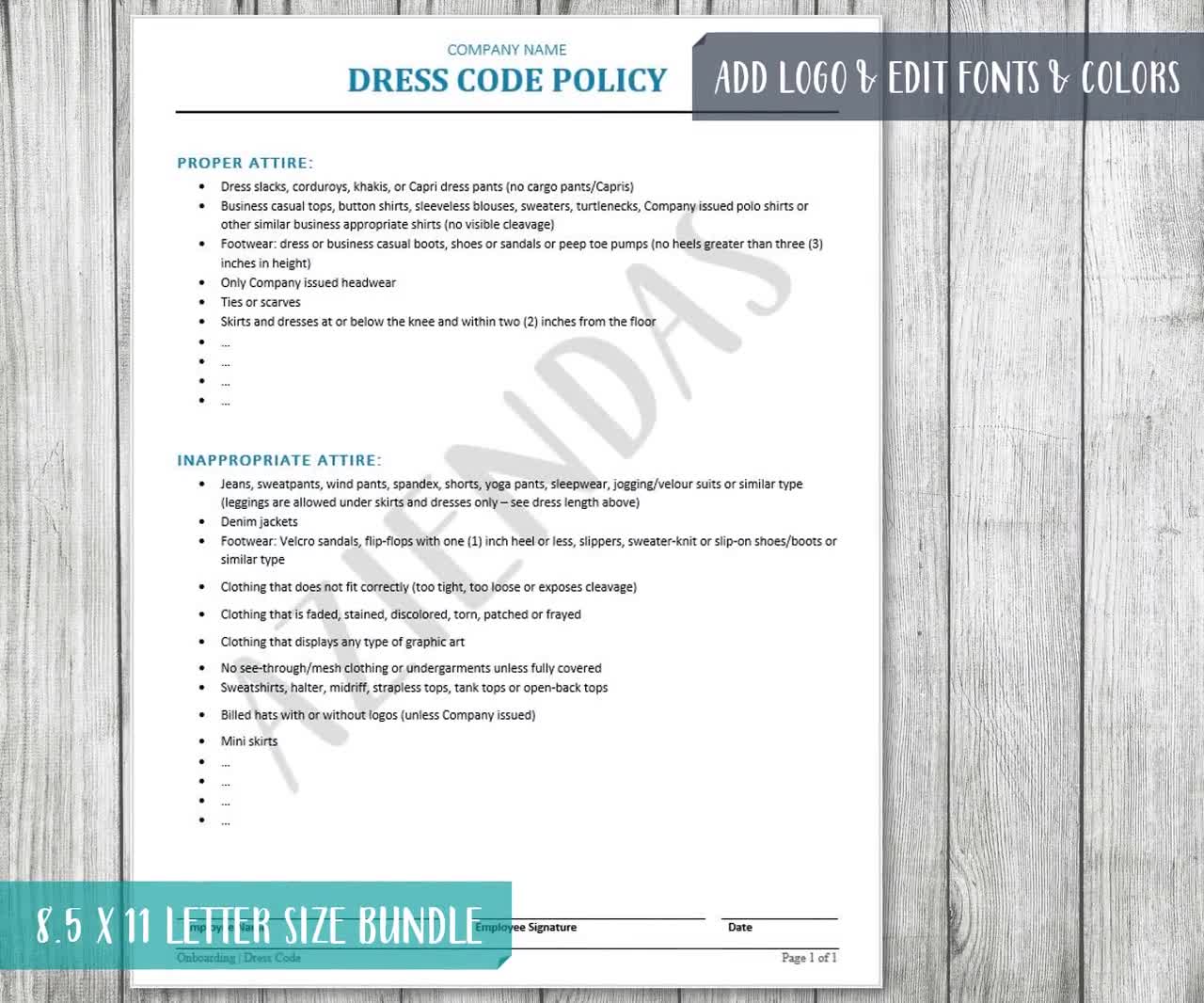 Employee Dress Code Policy Template: Editable HR Form (8.5x11 Letter)