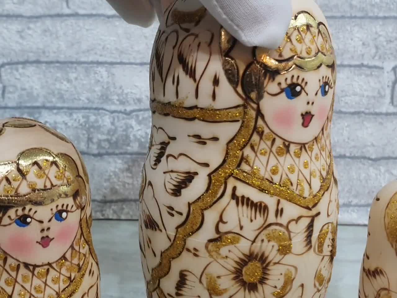 Wood Burnt Matryoshka Russian Nesting Doll With Flowers