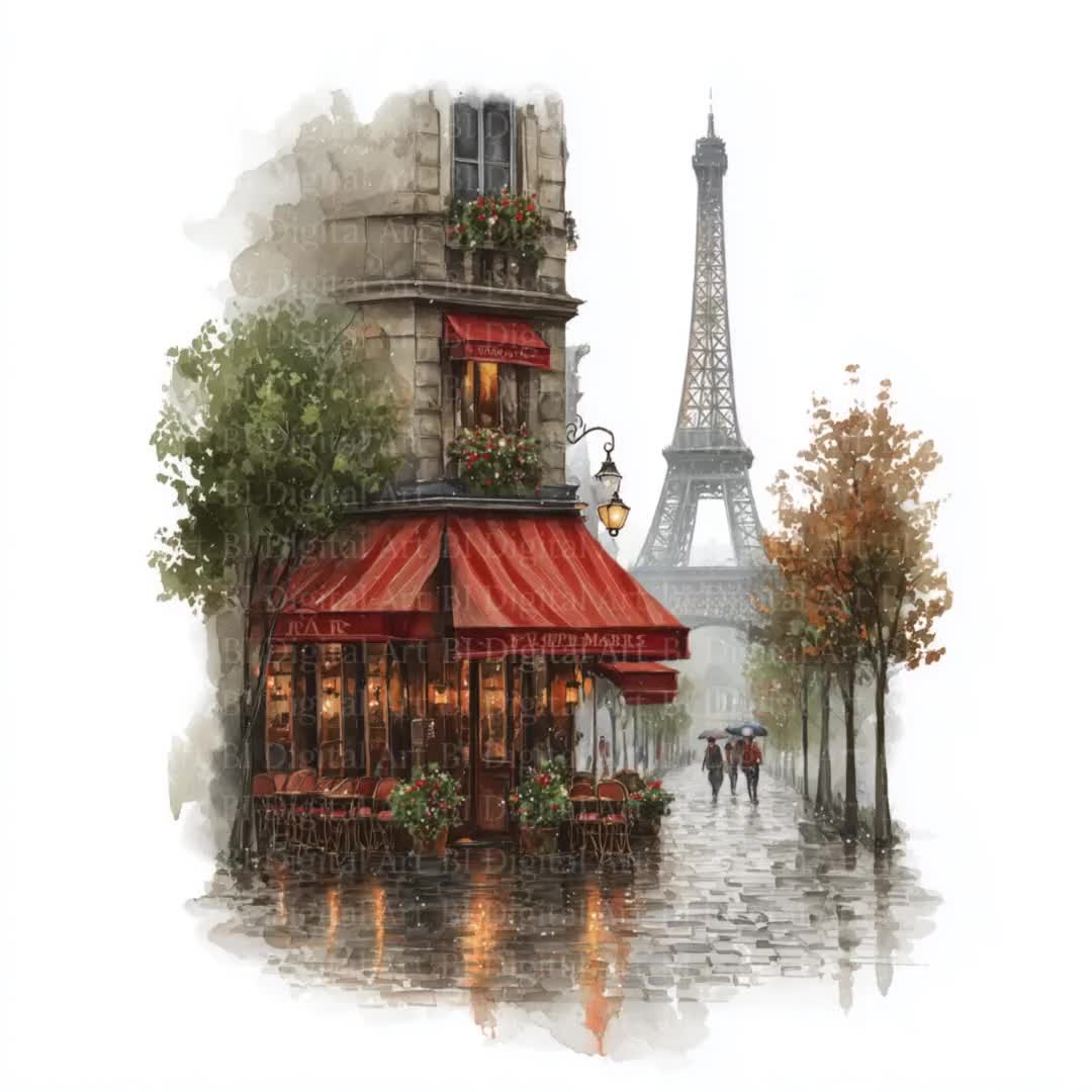 パリの雨の水彩画クリップアート、エッフェル塔、カフェの風景