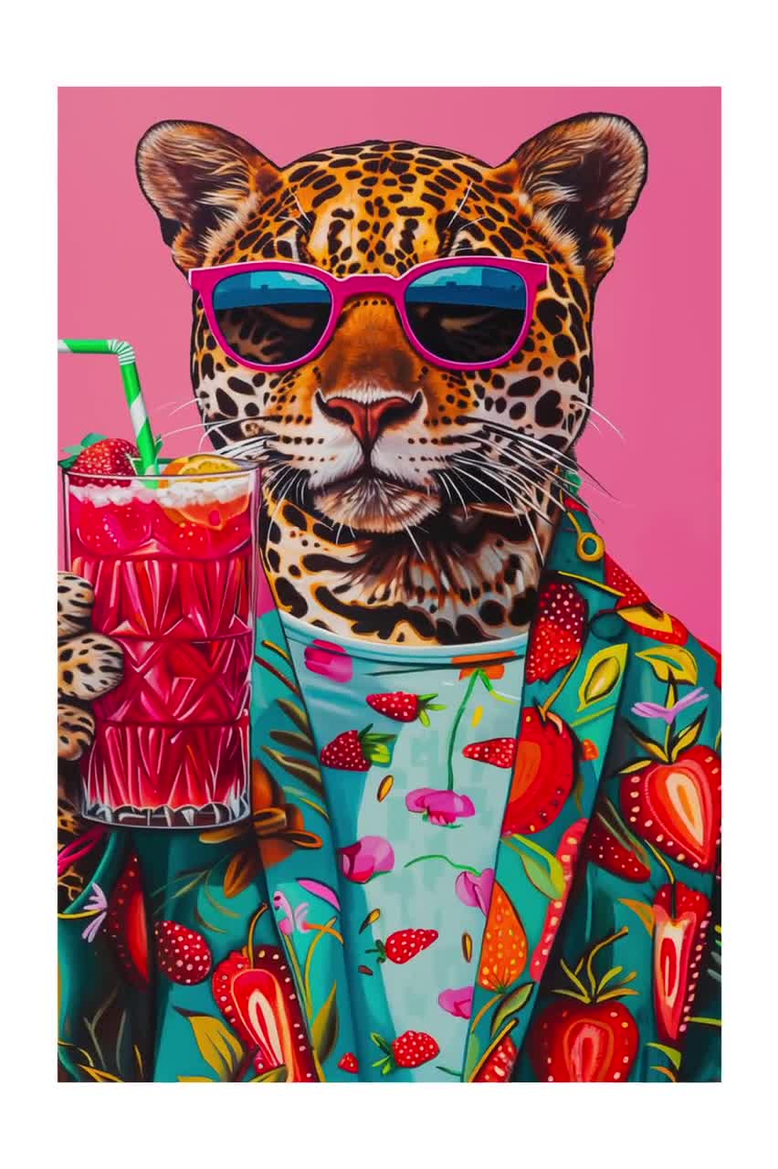 Kitsch Jaguar Portrait Poster: 70s Retro Cocktail Art (digital