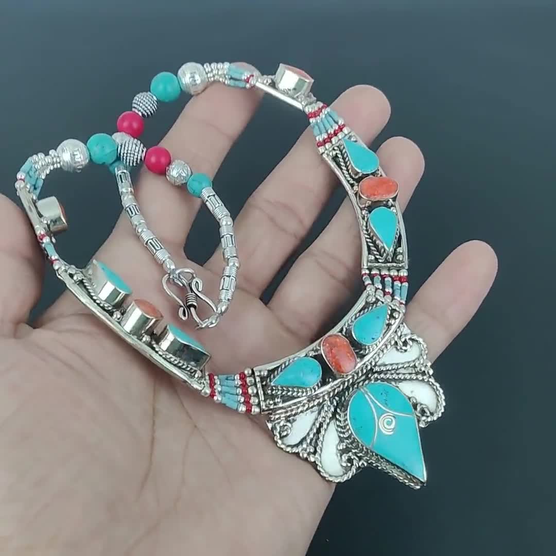 Handmade Tibetan Silver Necklace: Turquoise & Coral Beads - Etsy