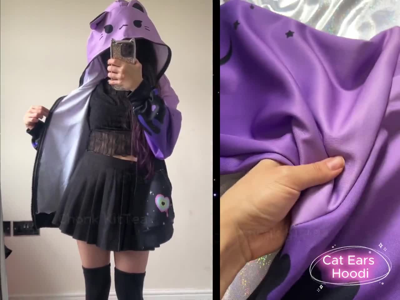 Purple Pastel Goth Cat Ears Hoodie, Lightweight Drippy Stars