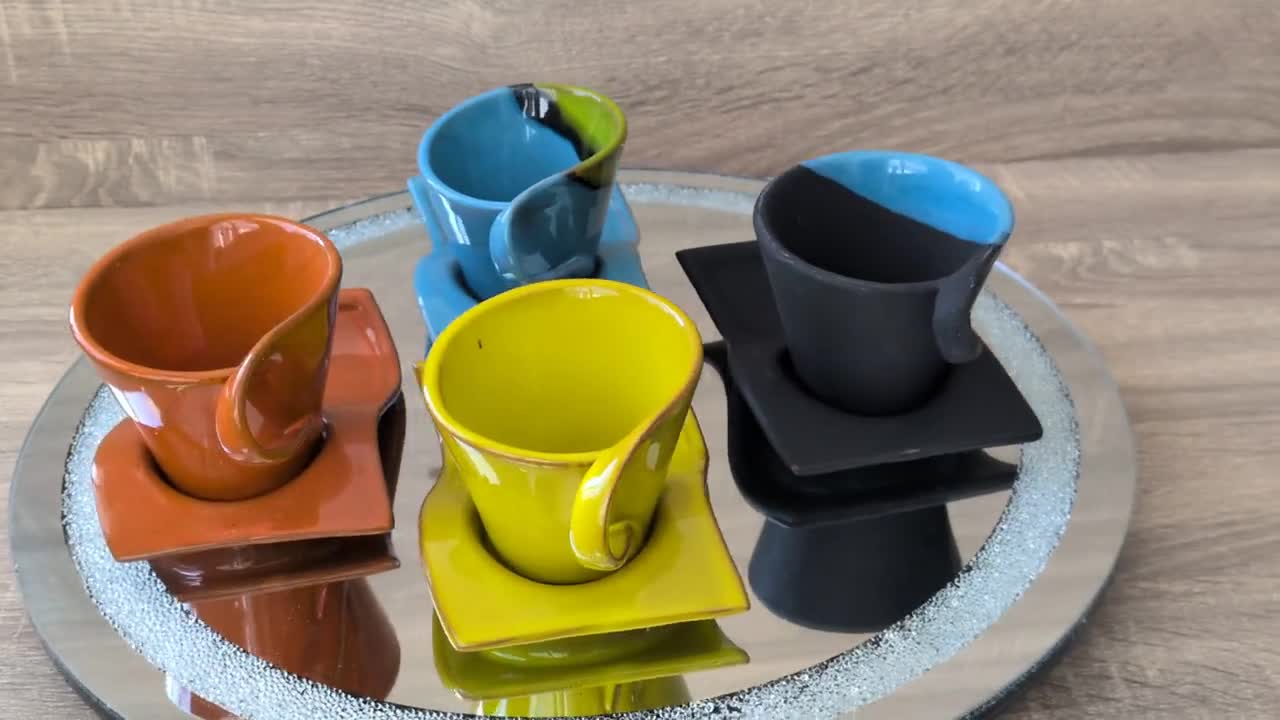 Set of 4 Demitasse Espresso Cups With Asymetrical Wavy Saucers