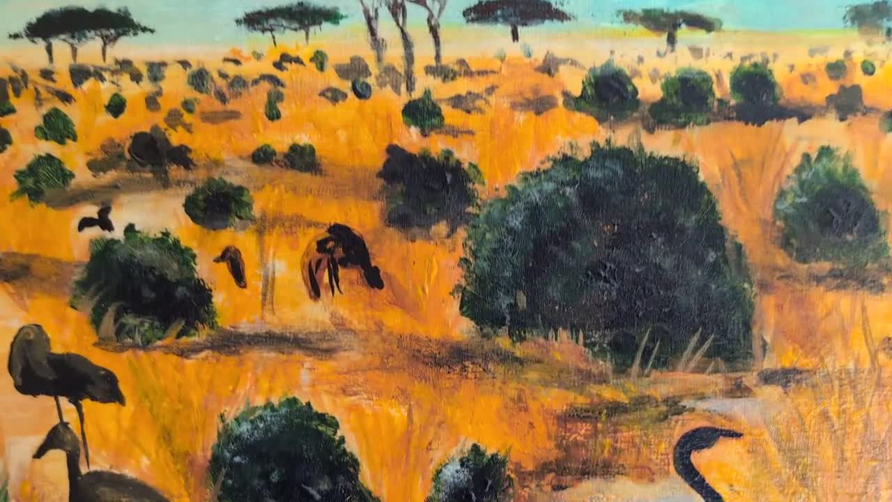 アフリカのサバンナの夕日の絵画：野生動物アート、A3キャンバス