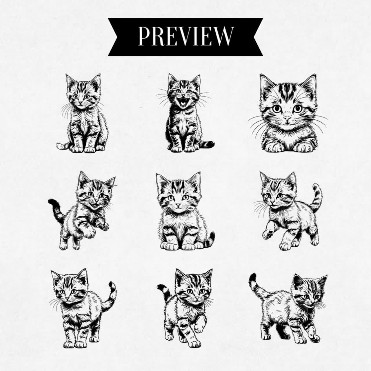 ヴィンテージ子猫SVG、リアルな猫PNGクリップアート、ペットのイラスト