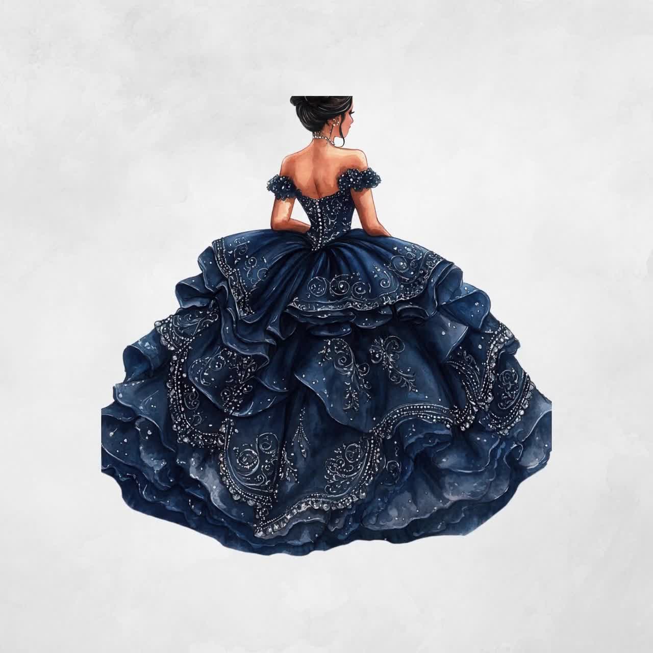 Navy & Silver Quinceañera Dress Clipart | Quince Años | Dark Blue Princess Gown | Formal Fashion