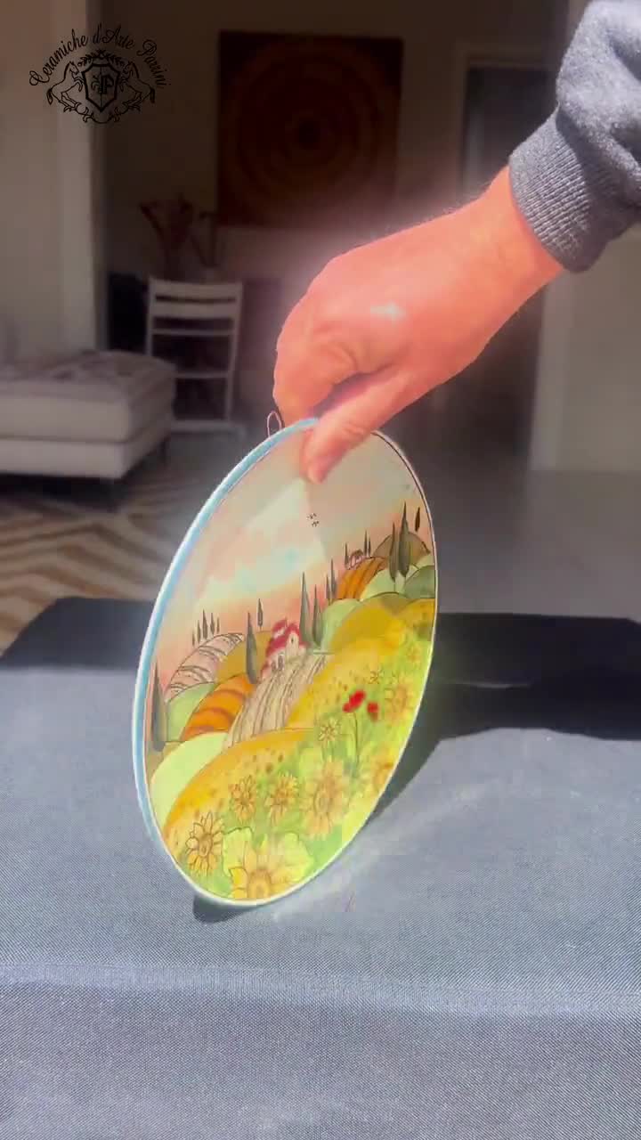 イタリア製陶器アートプレート（吊り下げ用）、手描きレモン柄