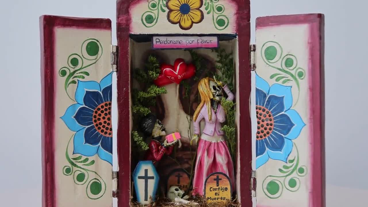 ペルーのレタブロ – 「永遠にあなたを愛します」愛と骸骨、手作り