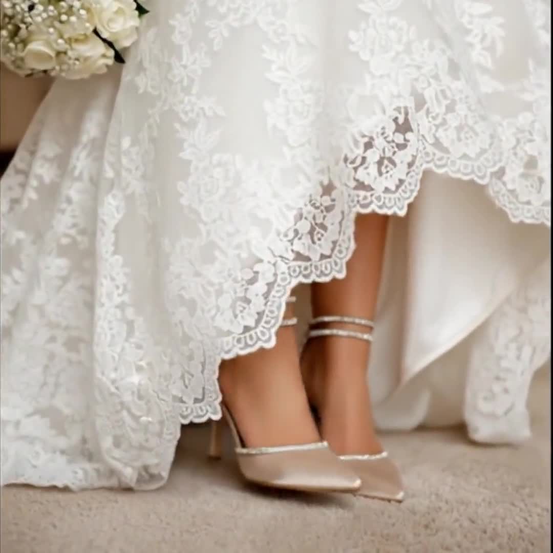 Shiny Stone Embroidered Satin Bridal Shoes, Women's High Heel, Buckle Ankle, Wedding Day, Gift