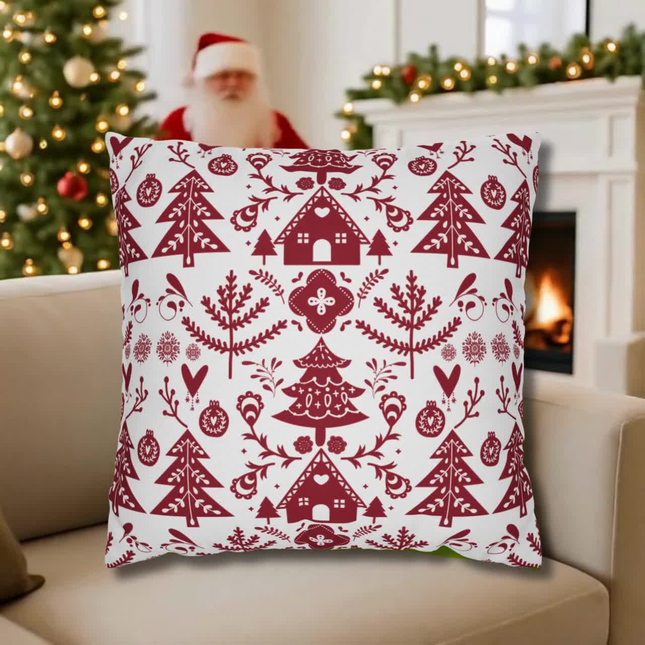 Weihnachtskissen, skandinavisch norwegisches schwedisches nordisches Volkskunst-Baum-Dekor, Feiertags-Kissen für Wohnzimmer, Schlafzimmer, Weihnachtshausgeschenk
