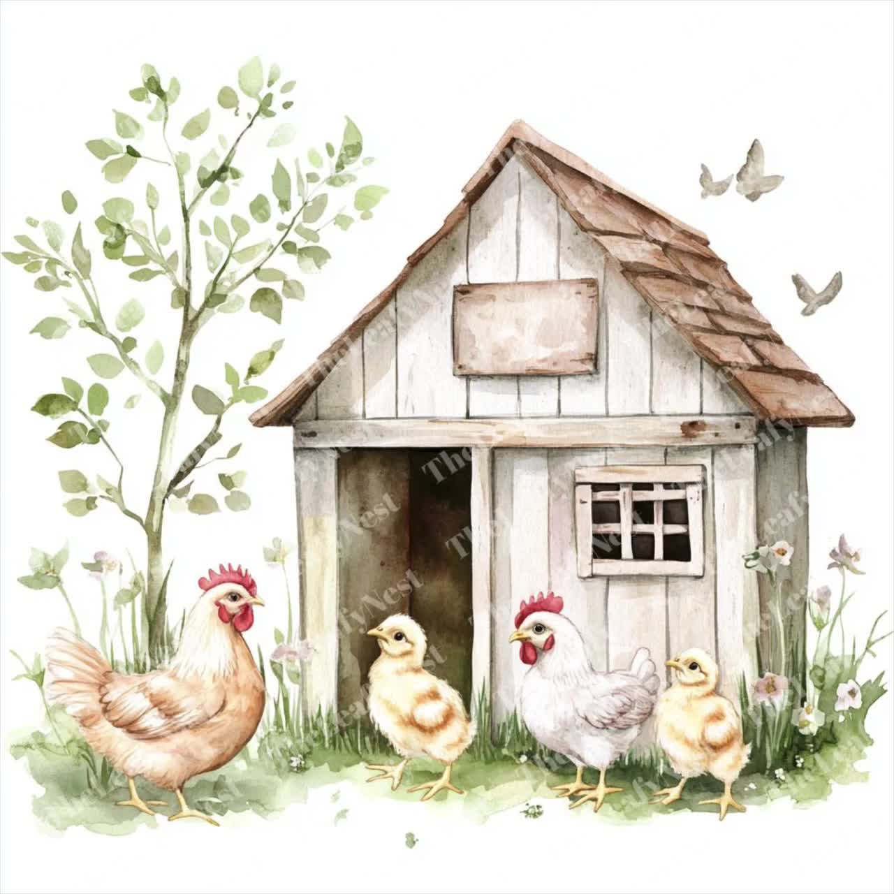 水彩画の鶏小屋のクリップアート：農場の動物アート（JPG および