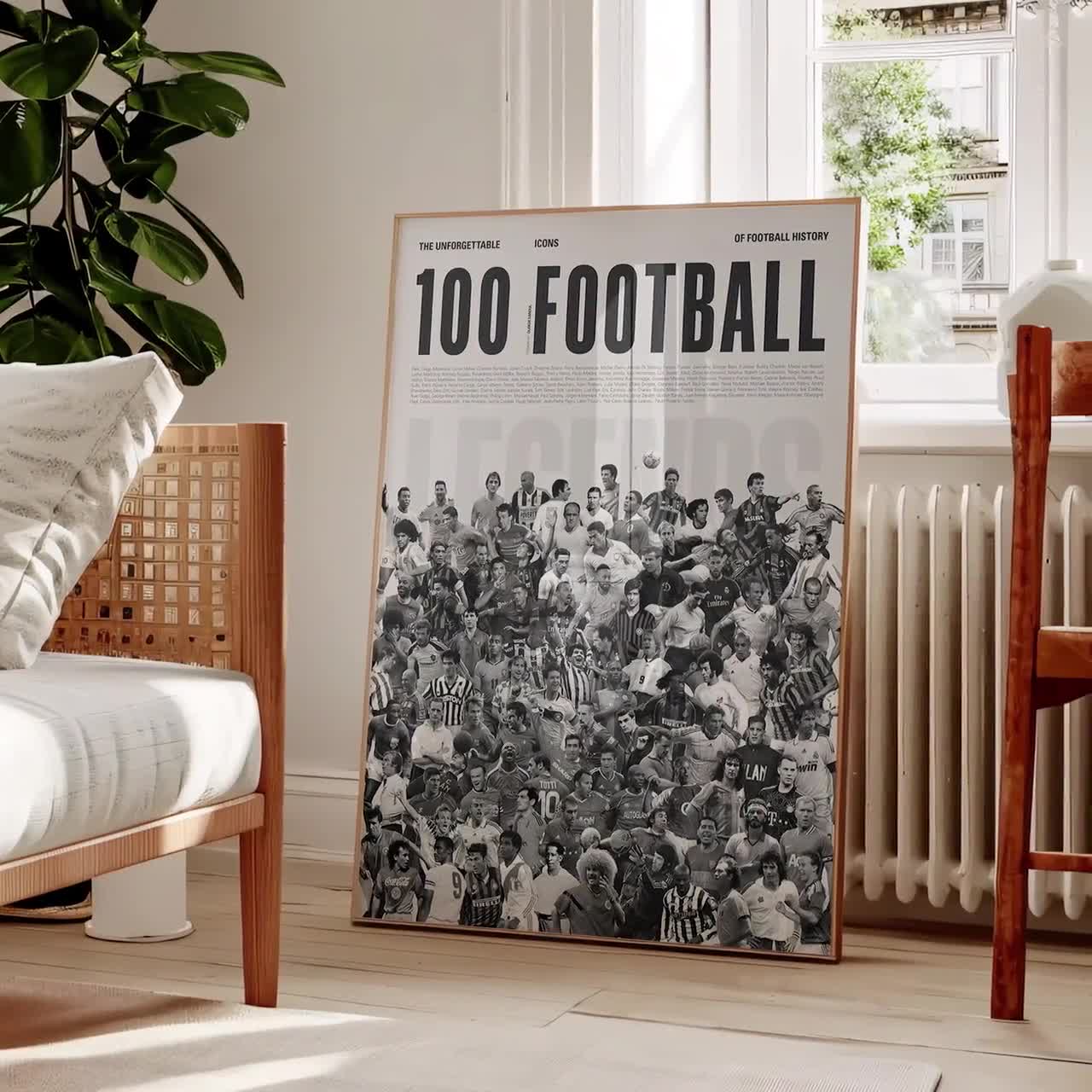 100 Football Legends Poster: Mid-century Modern Soccer Wall Art