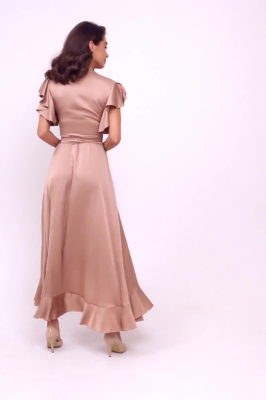 rose gold silk wrap dress dress, dress, dress, bridesmaid dress, wedding guest dress, women dress, maxi dress, evening dress, long Occasion: Wedding Guest
