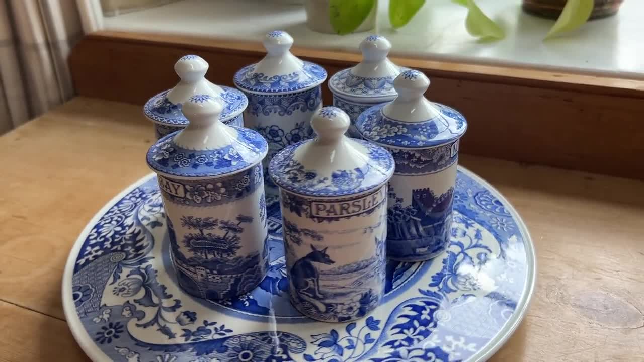 Vintage Spode Blue Room Collection Set of Six Spice Jars H11cm