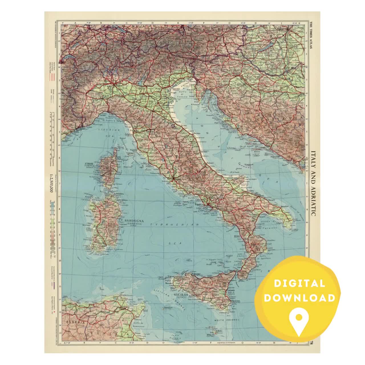Vintage Italy Map Print: Italian Cities & Towns (digital Download