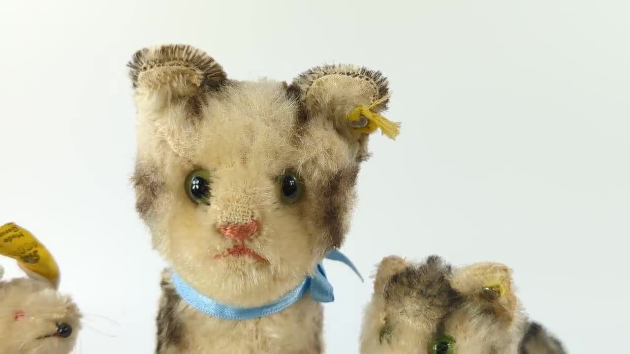 Steiff Cat Tabby With Ear Button and Original Bow Vintage 1953 to