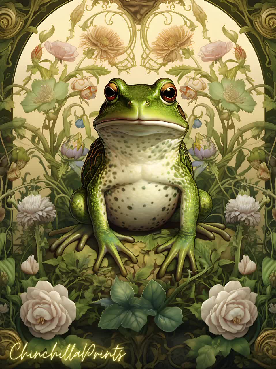 8.5''x11'' Set of 5 Art Nouveau Frog, Pastel Floral Decorations