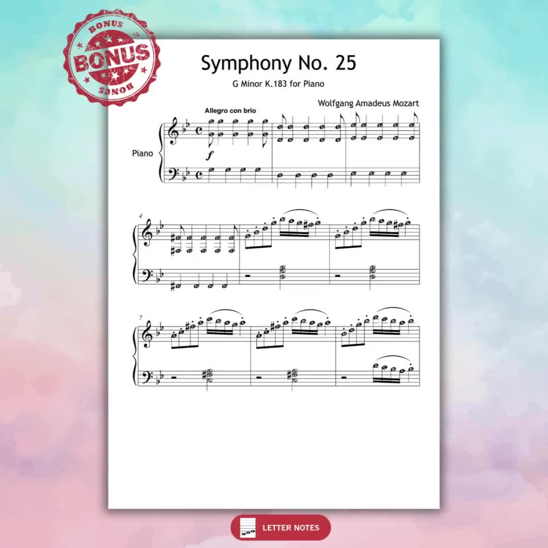 Mozart Symphony No. 25 in G Minor K.183 – Grade 5 Piano Sheet