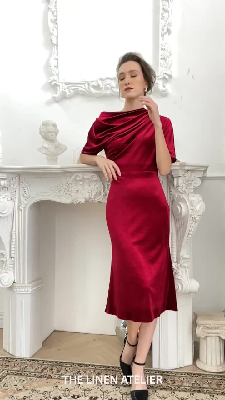 RUBY Cocktail Silhouette | Jewel-Tone Midi with Cowl Neck & Short Sleeves