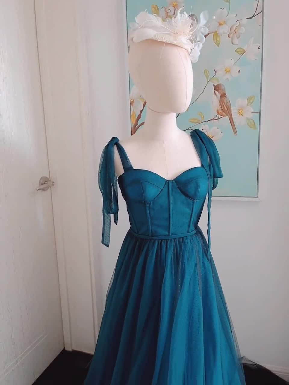 Teal Tulle Bridesmaid Dress: Off-shoulder Tie Bow Party Dress