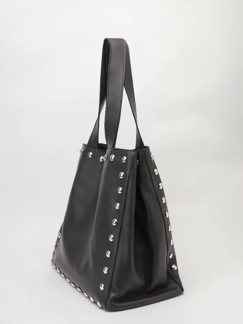 Studded Black Leather Tote Bag, Handmade Large Handbag, Silver