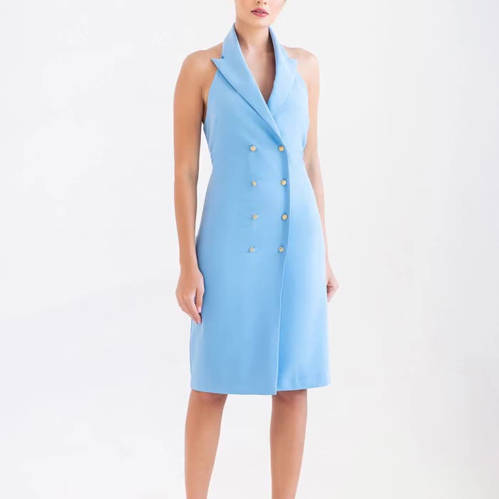blazer dress light blue Halter Tuxedo Women Sleeveless Midi Summer cocktail semi formal attire Qiet luxury outfit Capsoule wardrobe designer Our light blue stretch icon:dpyp-classic STRAPLESS FULL DRESS WITH Size:34/34