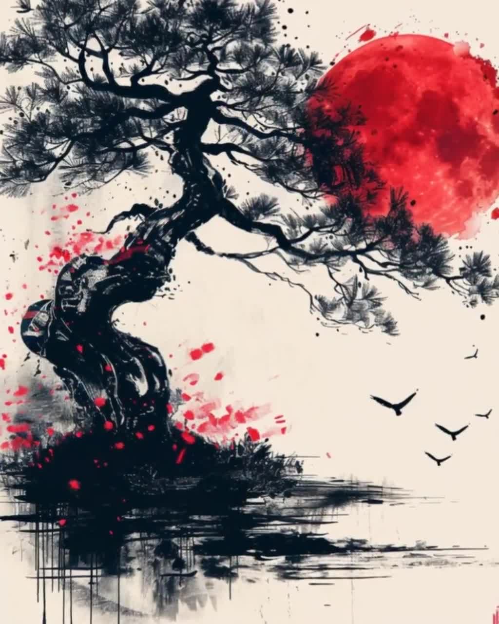盆栽と月、中国水墨画風アートプリント - Etsy 日本